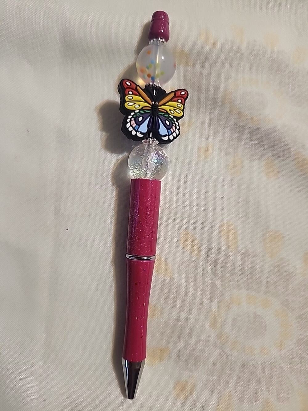 Bead Pen Retro Butterfly Black Multicolor Dark Pink / Fushia Glitter Pen